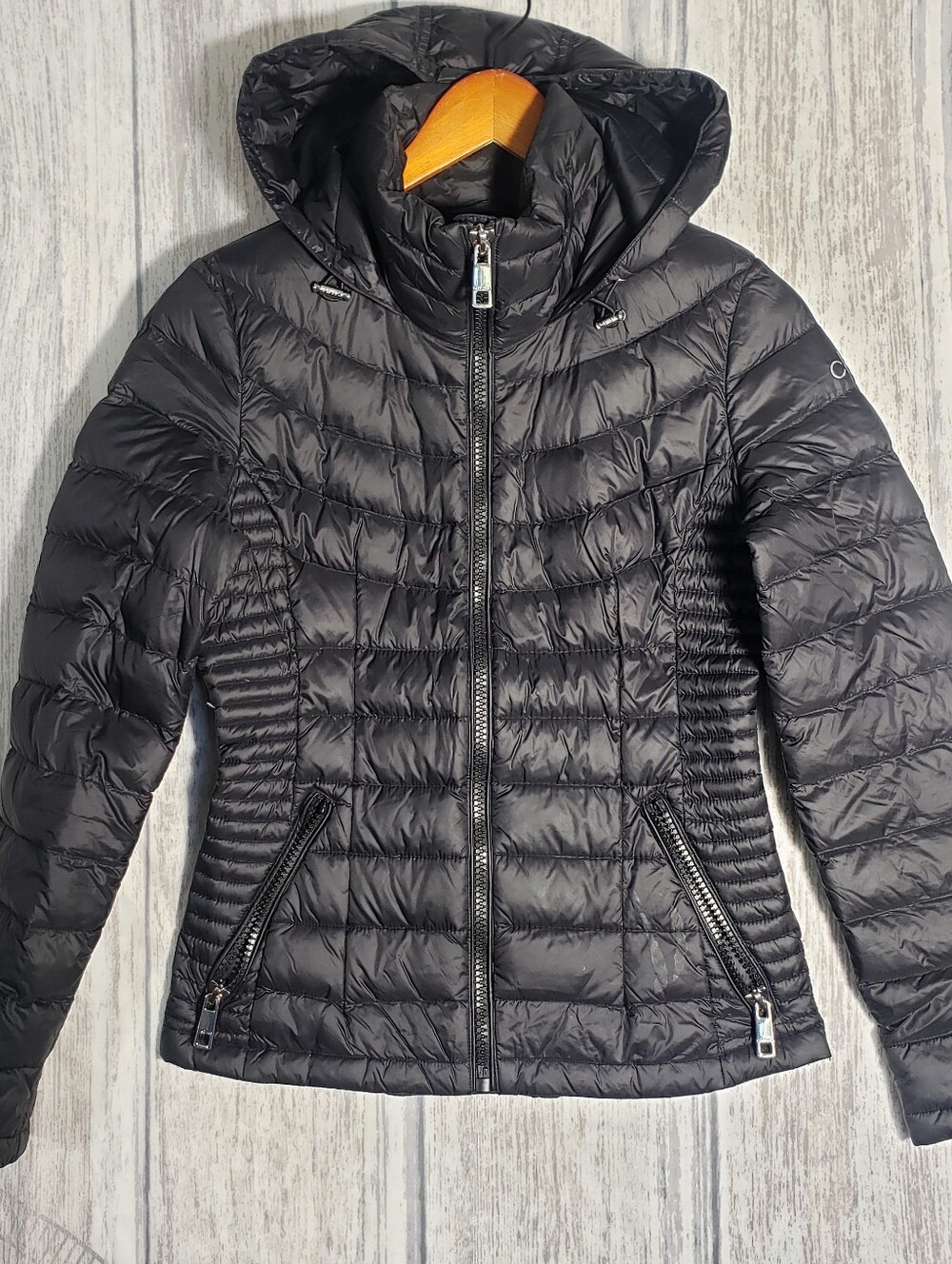 Calvin Klein Women's Packable Down Puffer Jacket Black Attatched Hood Sz XXS